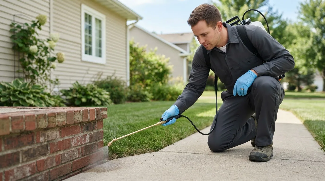 Pest control technician treating a home near Portland, MO