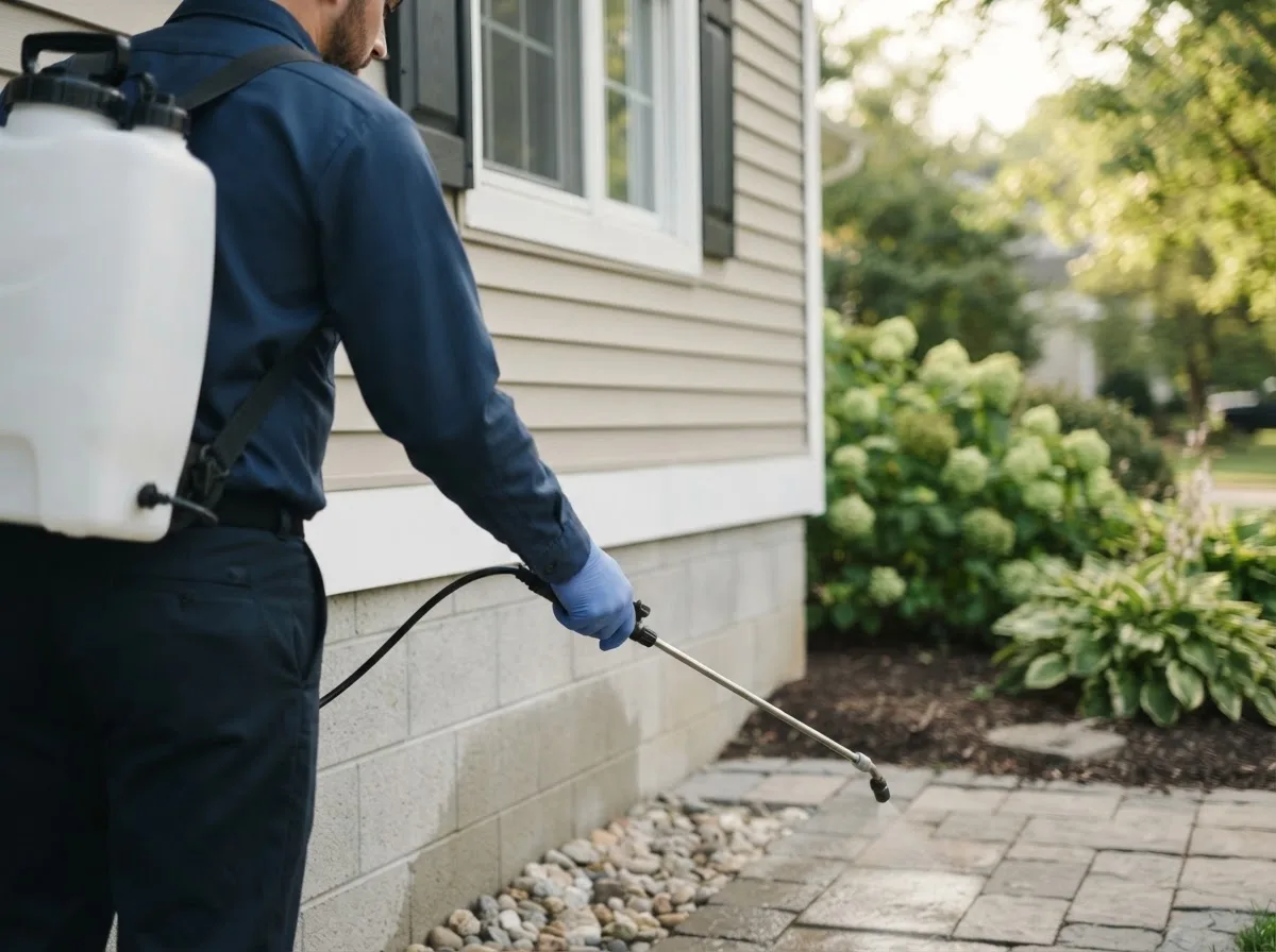 Pest control technician inspecting a home in Portland, MO